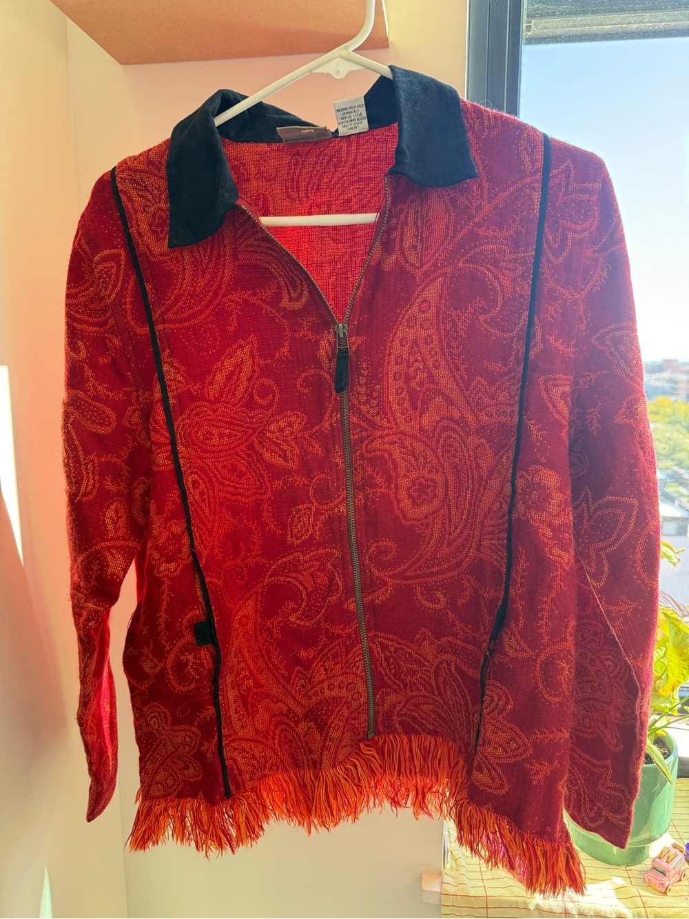 Sportelle Red Paisley Zip-Front Trench Coat with Black Collar